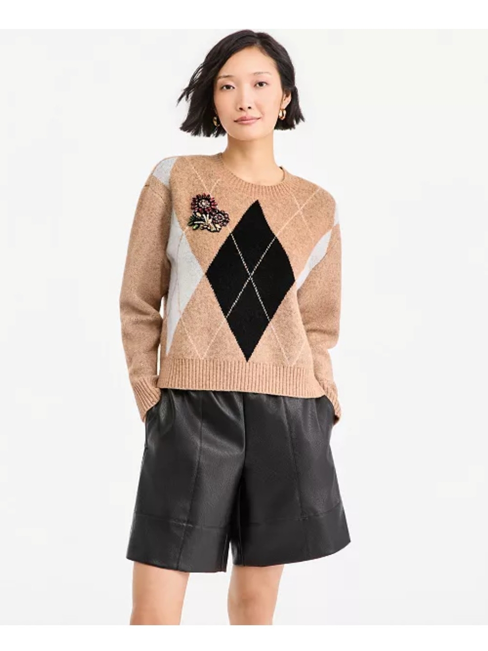 Camel Argyle Crewneck Sweater with Embroidered Floral Patch